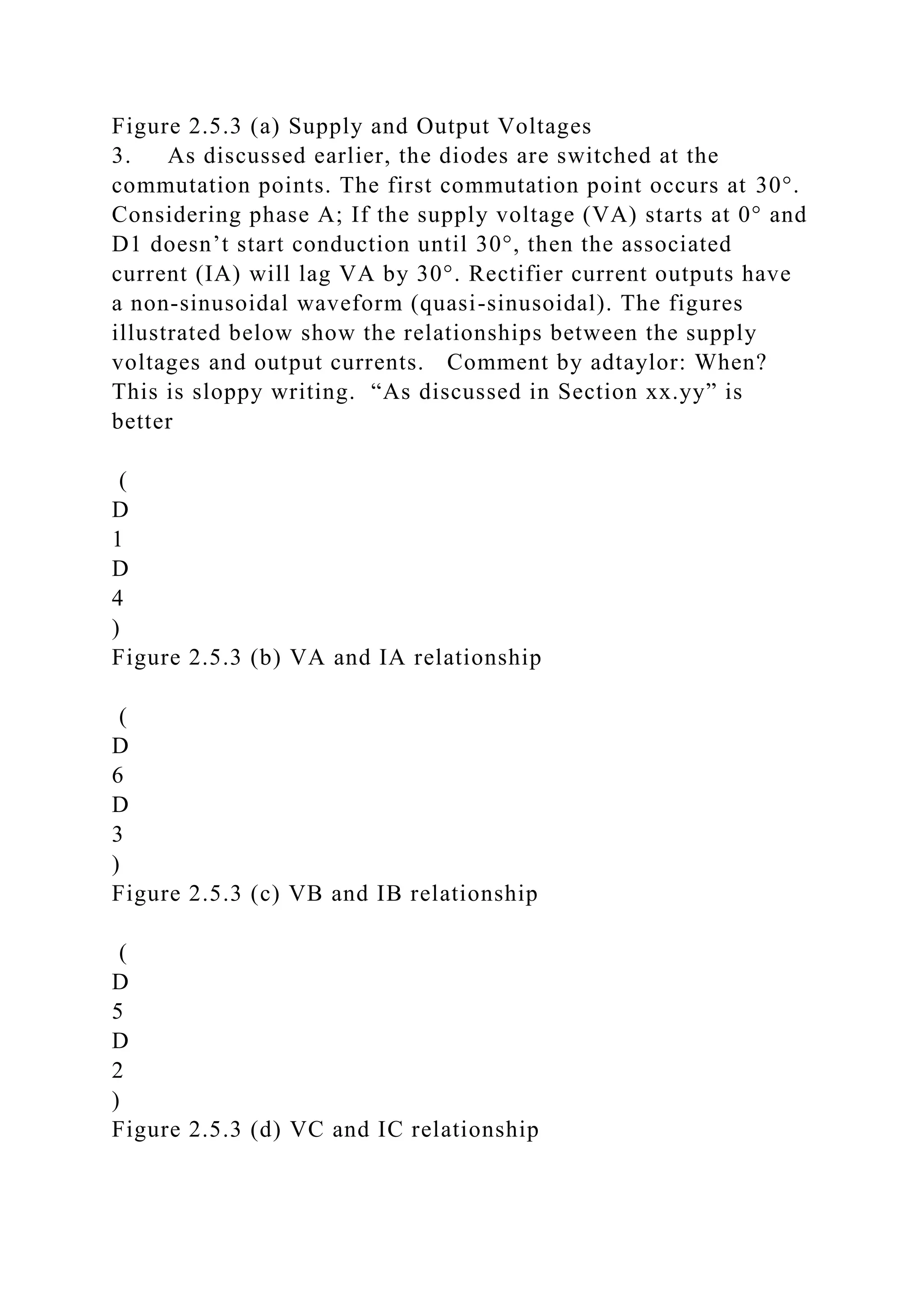 Figure 2.5.3 (a) Supply and Output Voltages
3. As discussed earlier, the diodes are switched at the
commutation points. The first commutation point occurs at 30°.
Considering phase A; If the supply voltage (VA) starts at 0° and
D1 doesn’t start conduction until 30°, then the associated
current (IA) will lag VA by 30°. Rectifier current outputs have
a non-sinusoidal waveform (quasi-sinusoidal). The figures
illustrated below show the relationships between the supply
voltages and output currents. Comment by adtaylor: When?
This is sloppy writing. “As discussed in Section xx.yy” is
better
(
D
1
D
4
)
Figure 2.5.3 (b) VA and IA relationship
(
D
6
D
3
)
Figure 2.5.3 (c) VB and IB relationship
(
D
5
D
2
)
Figure 2.5.3 (d) VC and IC relationship
 