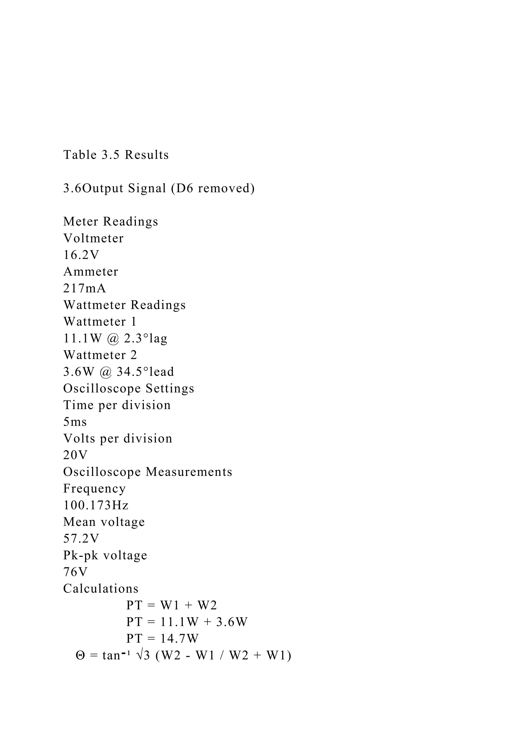 Table 3.5 Results
3.6Output Signal (D6 removed)
Meter Readings
Voltmeter
16.2V
Ammeter
217mA
Wattmeter Readings
Wattmeter 1
11.1W @ 2.3°lag
Wattmeter 2
3.6W @ 34.5°lead
Oscilloscope Settings
Time per division
5ms
Volts per division
20V
Oscilloscope Measurements
Frequency
100.173Hz
Mean voltage
57.2V
Pk-pk voltage
76V
Calculations
PT = W1 + W2
PT = 11.1W + 3.6W
PT = 14.7W
Θ = tan‫־‬¹ √3 (W2 - W1 / W2 + W1)
 