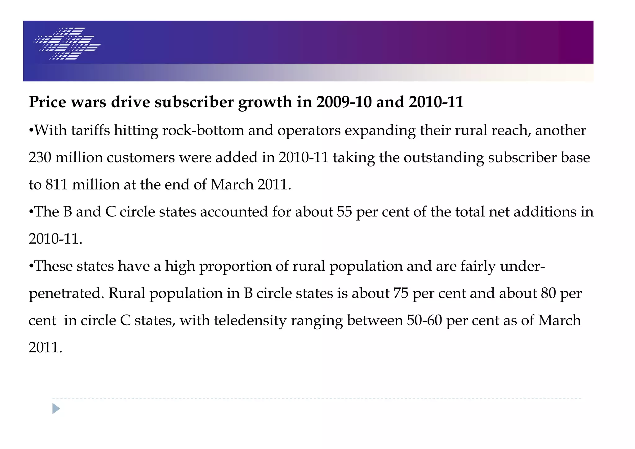 Price wars drive subscriber growth in 2009-10 and 2010-11
•With tariffs hitting rock-bottom and operators expanding their rural reach, another
230 million customers were added in 2010-11 taking the outstanding subscriber base
to 811 million at the end of March 2011.
•The B and C circle states accounted for about 55 per cent of the total net additions in
2010-11.
•These states have a high proportion of rural population and are fairly under-
penetrated. Rural population in B circle states is about 75 per cent and about 80 per
cent in circle C states, with teledensity ranging between 50-60 per cent as of March
2011.
 