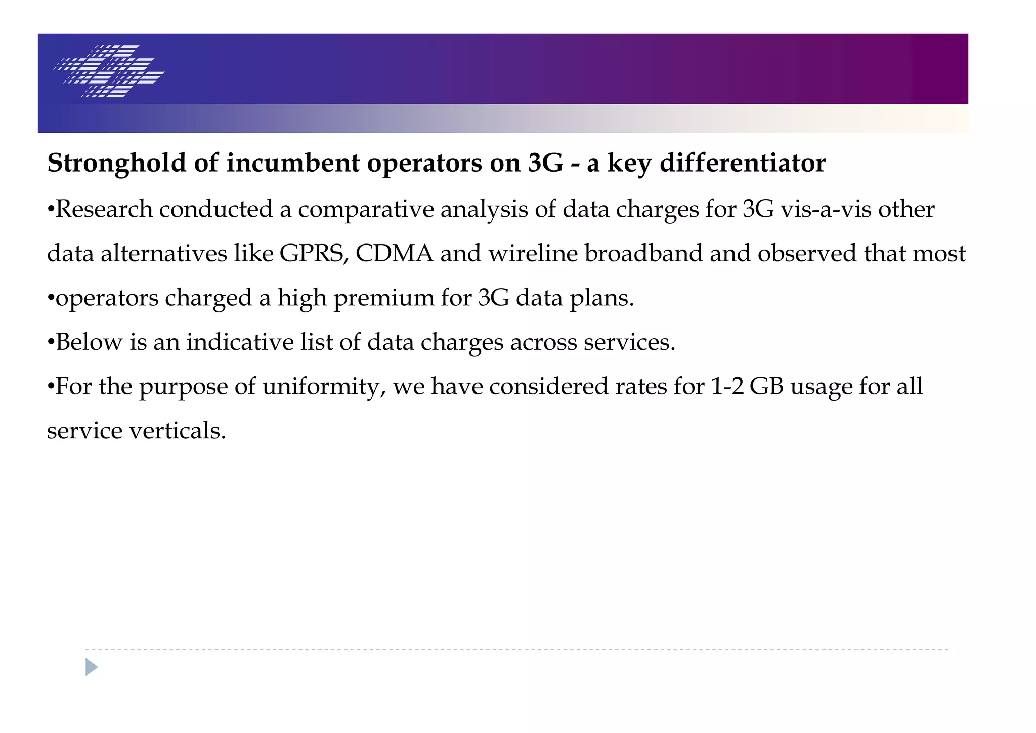Stronghold of incumbent operators on 3G - a key differentiator
•Research conducted a comparative analysis of data charges for 3G vis-a-vis other
data alternatives like GPRS, CDMA and wireline broadband and observed that most
•operators charged a high premium for 3G data plans.
•Below is an indicative list of data charges across services.
•For the purpose of uniformity, we have considered rates for 1-2 GB usage for all
service verticals.
 