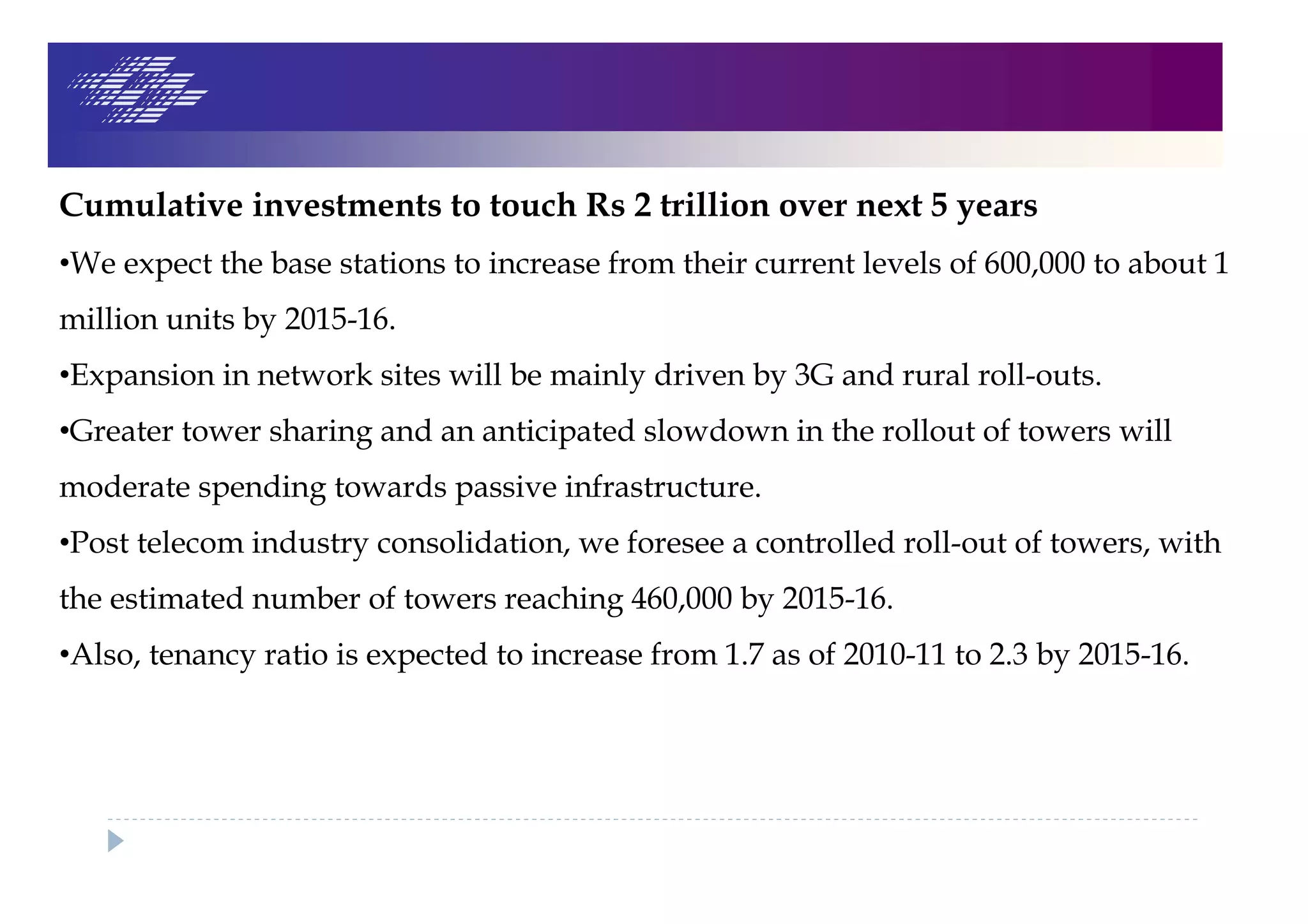 Cumulative investments to touch Rs 2 trillion over next 5 years
•We expect the base stations to increase from their current levels of 600,000 to about 1
million units by 2015-16.
•Expansion in network sites will be mainly driven by 3G and rural roll-outs.
•Greater tower sharing and an anticipated slowdown in the rollout of towers will
moderate spending towards passive infrastructure.
•Post telecom industry consolidation, we foresee a controlled roll-out of towers, with
the estimated number of towers reaching 460,000 by 2015-16.
•Also, tenancy ratio is expected to increase from 1.7 as of 2010-11 to 2.3 by 2015-16.
 
