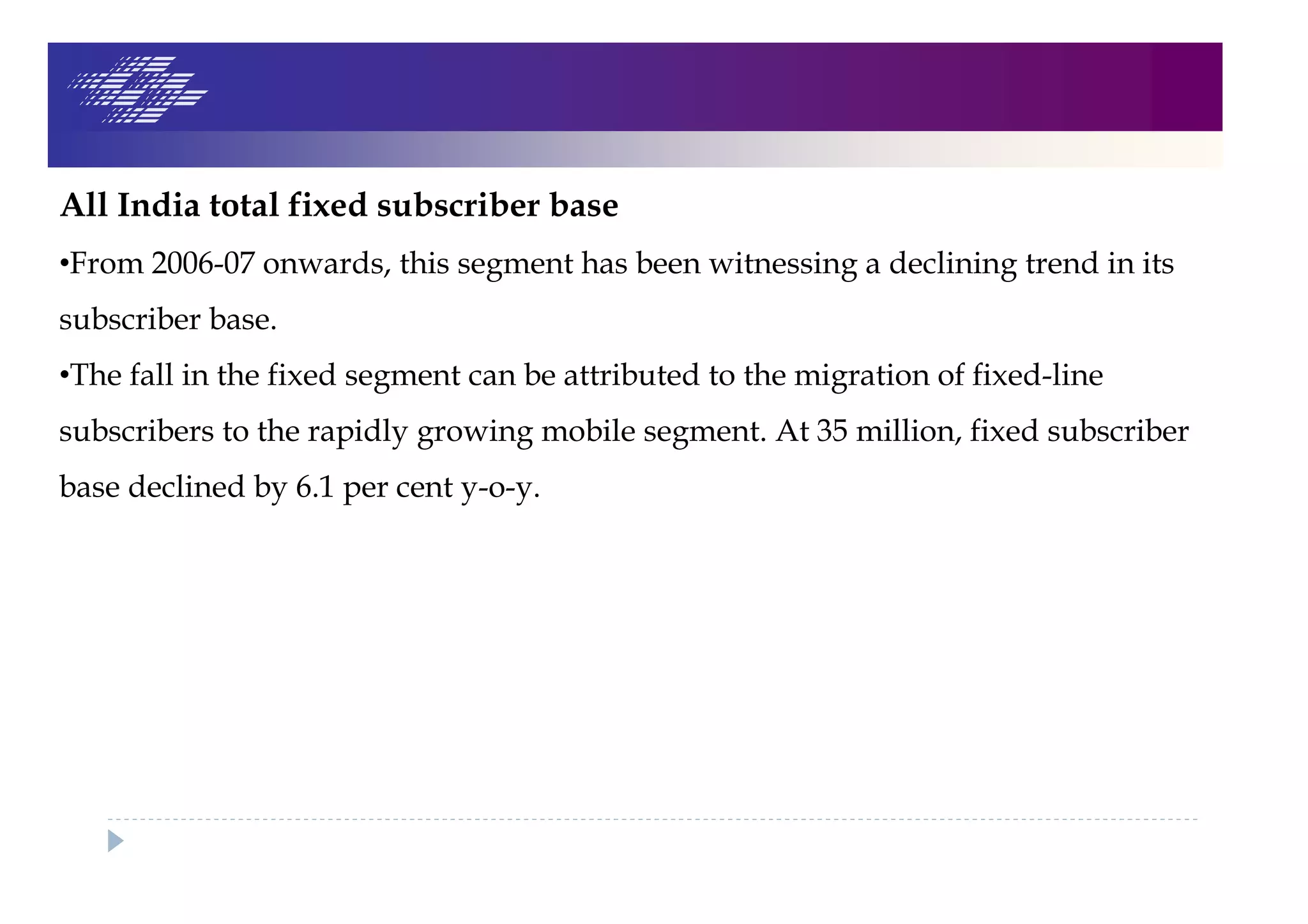 All India total fixed subscriber base
•From 2006-07 onwards, this segment has been witnessing a declining trend in its
subscriber base.
•The fall in the fixed segment can be attributed to the migration of fixed-line
subscribers to the rapidly growing mobile segment. At 35 million, fixed subscriber
base declined by 6.1 per cent y-o-y.
 