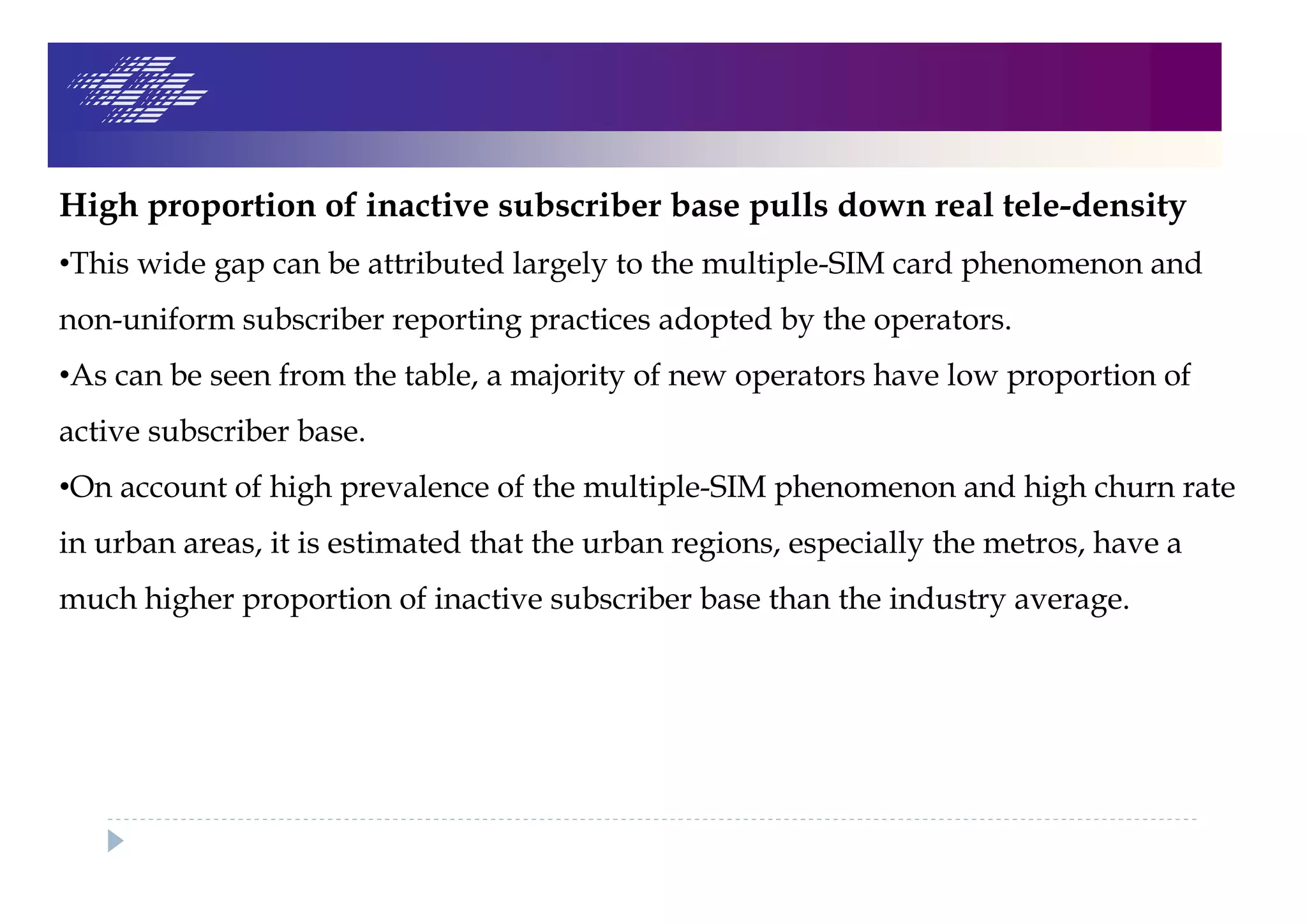 High proportion of inactive subscriber base pulls down real tele-density
•This wide gap can be attributed largely to the multiple-SIM card phenomenon and
non-uniform subscriber reporting practices adopted by the operators.
•As can be seen from the table, a majority of new operators have low proportion of
active subscriber base.
•On account of high prevalence of the multiple-SIM phenomenon and high churn rate
in urban areas, it is estimated that the urban regions, especially the metros, have a
much higher proportion of inactive subscriber base than the industry average.
 