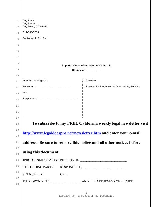 Sle California Request For Documents For Divorce Request For Production Of Documents California Template