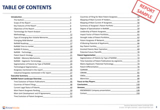 2
Resistive Memories Patent Landscape 2015
© 2015 All rights reserved | www.knowmade.com
TABLE OF CONTENTS
Introduction 3
The Authors 4
Scope of the Report 5
Key Features of the Report 6
Objectives of the Report 8
Terminology for Patent Analysis 9
Methodology 12
Type of Emerging Non Volatile Memories 14
Emerging NVM Market 15
ReRAM Roadmap 17
ReRAM Time-to-market 18
ReRAM IP History 19
ReRAM - Technology 20
Patent Search Strategy 21
ReRAM – Memory Mechanisms 22
ReRAM – Segments Terminology 23
Segmentation of Patents by Type of ReRAM 24
Technological Segmentation 25
Assignees mentioned in the report 26
Industrial Assignees mentioned in the report 27
Executive Summary 36
ReRAM Patent Landscape Overview 45
Time Evolution of Patent Publications 46
Countries of Patent Filings 48
Current Legal Status of Patents 49
Main Patent Assignees Ranking 50
Main Joint Development and IP Agreements 52
Time Evolution of Patent Assignees 53
Countries of Filing for Main Patent Assignees 54
Mapping of Main Current IP Holders 55
Mapping of Main Current IP Assignees 56
Summary of Assignee’s Patent Portfolio 57
Degree of Specialization in ReRAM 59
Leadership of Patent Assignees 60
Impact Factor of Patent Portfolios 61
Strength Index of Patent Portfolios 62
Patent Assignees IP Network 64
IP Blocking Potential of Applicants 66
Key Patent Families 67
Granted Patents Near Expiration 69
Potential Future Plaintiffs 70
Patent Segmentation 71
Segmentation of Patents by Type of ReRAM 72
Time Evolution of Patent Publications by segments 73
Matrix Applicant / Patented Technology 74
Patent Differentiation 76
OxRRAM 77
CBRAM 81
CMOx 85
Memristor 89
Focus on Key Players 93
Conclusions 130
Annexes 136
KNOWMADE Company presentation 136
Contact 150
 
