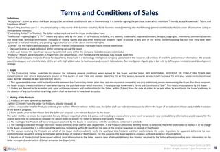 28
Resistive Memories Patent Landscape 2015
© 2015 All rights reserved | www.knowmade.com
Definitions
“Acceptance”: Action by which the Buyer accepts the terms and conditions of sale in their entirety. It is done by signing the purchase order which mentions “I hereby accept Knowmade’s Terms and
Conditions of Sale”.
“Buyer”: Any business user (i.e. any person acting in the course of its business activities, for its business needs) entering into the following general conditions to the exclusion of consumers acting in
their personal interests.
“Contracting Parties” or “Parties”: The Seller on the one hand and the Buyer on the other hand.
“Intellectual Property Rights” (“IPR”) means any rights held by the Seller in its Products, including any patents, trademarks, registered models, designs, copyrights, inventions, commercial secrets
and know-how, technical information, company or trading names and any other intellectual property rights or similar in any part of the world, notwithstanding the fact that they have been
registered or not and including any pending registration of one of the above mentioned rights.
“License”: For the reports and databases, 2 different licenses are proposed. The buyer has to choose one license:
1. One user license: a single individual at the company can use the report.
2. Multi user license: the report can be used by unlimited users within the company. Subsidiaries are not included.
“Products”: Reports are established in PowerPoint and delivered on a PDF format and the database may include Excel files.
“Seller”: Based in Sophia Antipolis (France headquarters), Knowmade is a technology intelligence company specialized in the research and analysis of scientific and technical information. We provide
patent landscapes and scientific state of the art with high added value to businesses and research laboratories. Our intelligence digests play a key role to define your innovation and development
strategy.
1. Scope
1.1 The Contracting Parties undertake to observe the following general conditions when agreed by the Buyer and the Seller. ANY ADDITIONAL, DIFFERENT, OR CONFLICTING TERMS AND
CONDITIONS IN ANY OTHER DOCUMENTS ISSUED BY THE BUYER AT ANY TIME ARE HEREBY OBJECTED TO BY THE SELLER, SHALL BE WHOLLY INAPPLICABLE TO ANY SALE MADE HEREUNDER AND
SHALL NOT BE BINDING IN ANY WAY ON THE SELLER.
1.2 This agreement becomes valid and enforceable between the Contracting Parties after clear and non-equivocal consent by any duly authorized person representing the Buyer. For these purposes,
the Buyer accepts these conditions of sales when signing the purchase order which mentions “I hereby accept Knowmade’s Terms and Conditions of Sale”. This results in acceptance by the Buyer.
1.3 Orders are deemed to be accepted only upon written acceptance and confirmation by the Seller, within [7 days] from the date of order, to be sent either by email or to the Buyer’s address. In
the absence of any confirmation in writing, orders shall be deemed to have been accepted.
2. Mailing of the Products
2.1 Products are sent by email to the Buyer:
- within [1] month from the order for Products already released; or
- within a reasonable time for Products ordered prior to their effective release. In this case, the Seller shall use its best endeavours to inform the Buyer of an indicative release date and the evolution
of the work in progress.
2.2 Some weeks prior to the release date the Seller can propose a pre-release discount to the Buyer.
The Seller shall by no means be responsible for any delay in respect of article 2.2 above, and including in cases where a new event or access to new contradictory information would require for the
analyst extra time to compute or compare the data in order to enable the Seller to deliver a high quality Products.
2.3 The mailing of the Product will occur only upon payment by the Buyer, in accordance with the conditions contained in article 3.
2.4 The mailing is operated through electronic means either by email via the sales department. If the Product’s electronic delivery format is defective, the Seller undertakes to replace it at no charge
to the Buyer provided that it is informed of the defective formatting within 90 days from the date of the original download or receipt of the Product.
2.5 The person receiving the Products on behalf of the Buyer shall immediately verify the quality of the Products and their conformity to the order. Any claim for apparent defects or for non-
conformity shall be sent in writing to the Seller within 8 days of receipt of the Products. For this purpose, the Buyer agrees to produce sufficient evidence of such defects.
2.6 No return of Products shall be accepted without prior information to the Seller, even in case of delayed delivery. Any Product returned to the Seller without providing prior information to the
Seller as required under article 2.5 shall remain at the Buyer’s risk.
Terms and Conditions of Sales
 