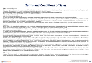 29
Resistive Memories Patent Landscape 2015
© 2015 All rights reserved | www.knowmade.com
Terms and Conditions of Sales
3. Price, invoicing and payment
3.1 Prices are given in the orders corresponding to each Product sold on a unit basis or corresponding to annual subscriptions. They are expressed to be inclusive of all taxes. The prices may be
reevaluated from time to time. The effective price is deemed to be the one applicable at the time of the order.
3.2 Payments due by the Buyer shall be sent by cheque payable to Knowmade, PayPal or by electronic transfer to the following account:
Banque populaire St Laurent du Var CAP 3000 - Quartier du lac- 06700 St Laurent du Var
BIC or SWIFT code: CCBPFRPPNCE
IBAN: : FR76 1560 7000 6360 6214 5695 126
To ensure the payments, the Seller reserves the right to request down payments from the Buyer. In this case, the need of down payments will be mentioned on the order.
3.3 Payment is due by the Buyer to the Seller within 30 days from invoice date, except in the case of a particular written agreement. If the Buyer fails to pay within this time and fails to contact the
Seller, the latter shall be entitled to invoice interest in arrears based on the annual rate Refi of the «BCE» + 7 points, in accordance with article L. 441-6 of the French Commercial Code. Our
publications (report, database, tool...) are delivered only after reception of the payment.
3.4 In the event of termination of the contract, or of misconduct, during the contract, the Seller will have the right to invoice at the stage in progress, and to take legal action for damages.
4. Liabilities
4.1 The Buyer or any other individual or legal person acting on its behalf, being a business user buying the Products for its business activities, shall be solely responsible for choosing the Products
and for the use and interpretations he makes of the documents it purchases, of the results he obtains, and of the advice and acts it deduces thereof.
4.2 The Seller shall only be liable for (i) direct and (ii) foreseeable pecuniary loss, caused by the Products or arising from a material breach of this agreement
4.3 In no event shall the Seller be liable for:
a) damages of any kind, including without limitation, incidental or consequential damages (including, but not limited to, damages for loss of profits, business interruption and loss of programs or
information) arising out of the use of or inability to use the Seller’s website or the Products, or any information provided on the website, or in the Products;
b) any claim attributable to errors, omissions or other inaccuracies in the Product or interpretations thereof.
4.4 All the information contained in the Products has been obtained from sources believed to be reliable. The Seller does not warrant the accuracy, completeness adequacy or reliability of such
information, which cannot be guaranteed to be free from errors.
4.5 All the Products that the Seller sells may, upon prior notice to the Buyer from time to time be modified by or substituted with similar Products meeting the needs of the Buyer. This modification
shall not lead to the liability of the Seller, provided that the Seller ensures the substituted Product is similar to the Product initially ordered.
4.6 In the case where, after inspection, it is acknowledged that the Products contain defects, the Seller undertakes to replace the defective products as far as the supplies allow and without
indemnities or compensation of any kind for labor costs, delays, loss caused or any other reason. The replacement is guaranteed for a maximum of two months starting from the delivery date. Any
replacement is excluded for any event as set out in article 5 below.
4.7 The deadlines that the Seller is asked to state for the mailing of the Products are given for information only and are not guaranteed. If such deadlines are not met, it shall not lead to any damages
or cancellation of the orders, except for non-acceptable delays exceeding [4] months from the stated deadline, without information from the Seller. In such case only, the Buyer shall be entitled to
ask for a reimbursement of its first down payment to the exclusion of any further damages.
4.8 The Seller does not make any warranties, express or implied, including, without limitation, those of saleability and fitness for a particular purpose, with respect to the Products. Although the
Seller shall take reasonable steps to screen Products for infection of viruses, worms, Trojan horses or other codes containing contaminating or destructive properties before making the Products
available, the Seller cannot guarantee that any Product will be free from infection.
5. Force majeure
The Seller shall not be liable for any delay in performance directly or indirectly caused by or resulting from acts of nature, fire, flood, accident, riot, war, government intervention, embargoes,
strikes, labor difficulties, equipment failure, late deliveries by suppliers or other difficulties which are beyond the control, and not the fault of the Seller.
 
