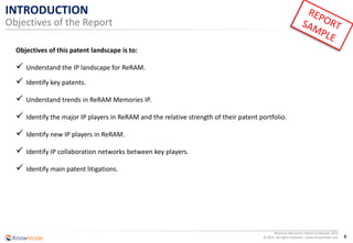 6
Resistive Memories Patent Landscape 2015
© 2015 All rights reserved | www.knowmade.com
INTRODUCTION
Objectives of the Report
Objectives of this patent landscape is to:
 Understand the IP landscape for ReRAM.
 Identify key patents.
 Understand trends in ReRAM Memories IP.
 Identify the major IP players in ReRAM and the relative strength of their patent portfolio.
 Identify new IP players in ReRAM.
 Identify IP collaboration networks between key players.
 Identify main patent litigations.
 