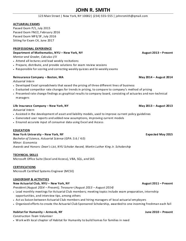 sample actuarial resume
