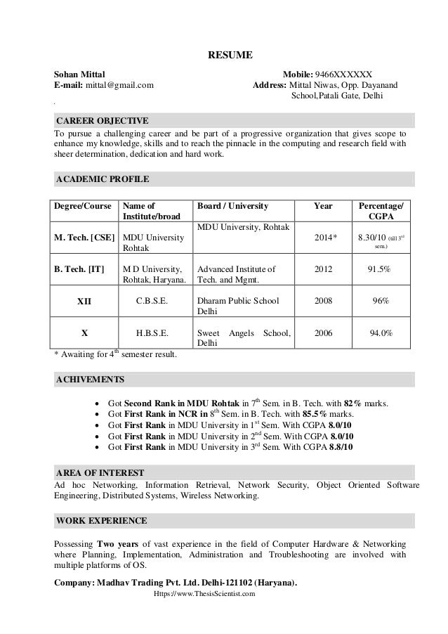 sample resume format sample of resume format