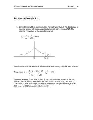 SAMPLE AND SAMPLE DISTRIBUTIONS

CN303/3/

13

Solution to Example 3.2

1. Since the variable is approximately normally distributed, the distribution of
sample means will be approximately normal, with a mean of 25. The
standard deviation of the sample means is

x 


n

3



20

 0.671

25

26.3

The distribution of the means is shown above, with the appropriate area shaded.
The z-value is z 

X 



n

=

26.3  25
1 .3

 1.94
3
0.671
20

The area between 0 and 1.94 is 0.4738. Since the desired area is in the tail,
subtract 0.4738 from 0.5000. Hence 0.5000 – 0.4738 = 0.0262, or 2.62%.
One can conclude that the probability of obtaining a sample mean larger than
26.3 hours is 2.62% (i.e., P ( X ) 26.3)  2.62% )

 