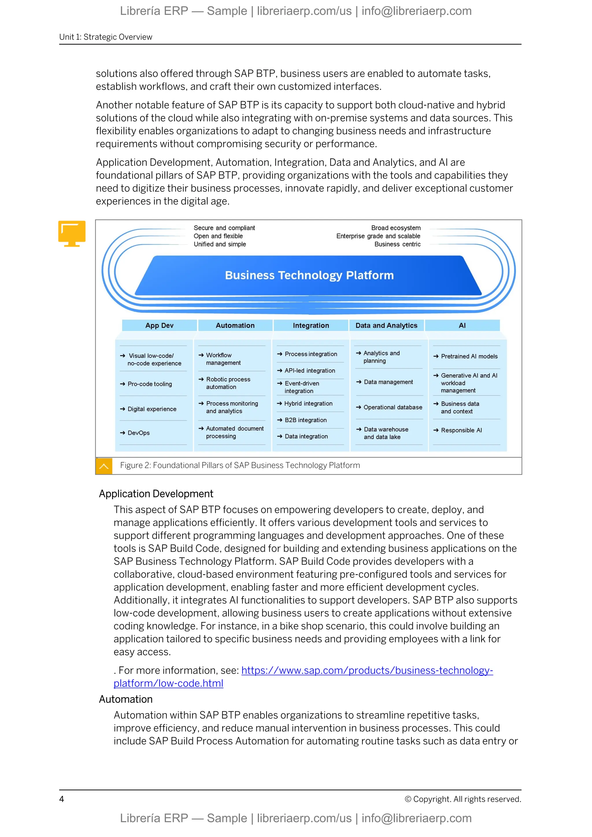 solutions also offered through SAP BTP, business users are enabled to automate tasks,
establish workflows, and craft their own customized interfaces.
Another notable feature of SAP BTP is its capacity to support both cloud-native and hybrid
solutions of the cloud while also integrating with on-premise systems and data sources. This
flexibility enables organizations to adapt to changing business needs and infrastructure
requirements without compromising security or performance.
Application Development, Automation, Integration, Data and Analytics, and AI are
foundational pillars of SAP BTP, providing organizations with the tools and capabilities they
need to digitize their business processes, innovate rapidly, and deliver exceptional customer
experiences in the digital age.
Figure 2: Foundational Pillars of SAP Business Technology Platform
Application Development
This aspect of SAP BTP focuses on empowering developers to create, deploy, and
manage applications efficiently. It offers various development tools and services to
support different programming languages and development approaches. One of these
tools is SAP Build Code, designed for building and extending business applications on the
SAP Business Technology Platform. SAP Build Code provides developers with a
collaborative, cloud-based environment featuring pre-configured tools and services for
application development, enabling faster and more efficient development cycles.
Additionally, it integrates AI functionalities to support developers. SAP BTP also supports
low-code development, allowing business users to create applications without extensive
coding knowledge. For instance, in a bike shop scenario, this could involve building an
application tailored to specific business needs and providing employees with a link for
easy access.
. For more information, see: https://www.sap.com/products/business-technology-
platform/low-code.html
Automation
Automation within SAP BTP enables organizations to streamline repetitive tasks,
improve efficiency, and reduce manual intervention in business processes. This could
include SAP Build Process Automation for automating routine tasks such as data entry or
Unit 1: Strategic Overview
4 © Copyright. All rights reserved.
Librería ERP — Sample | libreriaerp.com/us | info@libreriaerp.com
Librería ERP — Sample | libreriaerp.com/us | info@libreriaerp.com
 