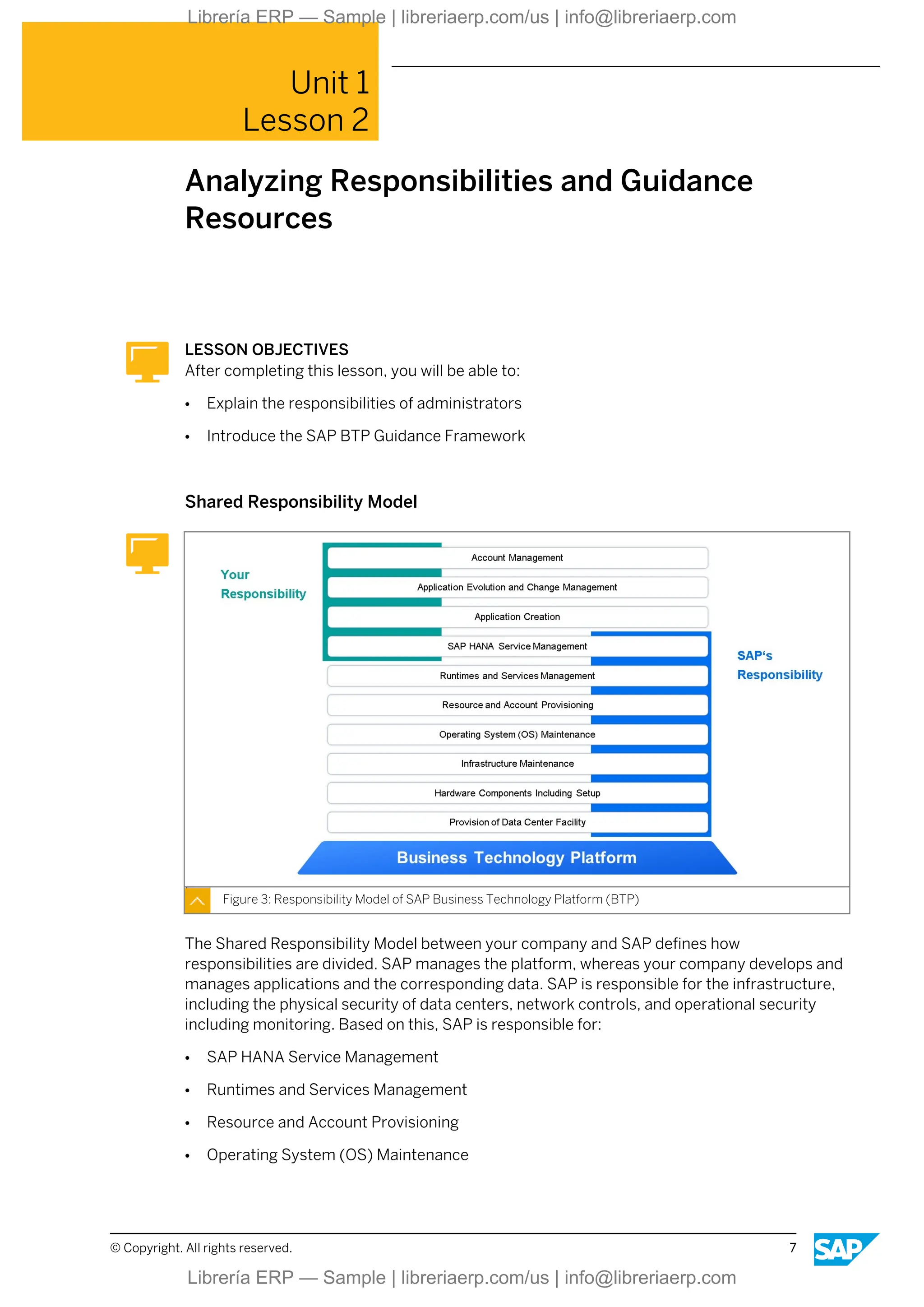 Unit 1
Lesson 2
Analyzing Responsibilities and Guidance
Resources
LESSON OBJECTIVES
After completing this lesson, you will be able to:
● Explain the responsibilities of administrators
● Introduce the SAP BTP Guidance Framework
Shared Responsibility Model
Figure 3: Responsibility Model of SAP Business Technology Platform (BTP)
The Shared Responsibility Model between your company and SAP defines how
responsibilities are divided. SAP manages the platform, whereas your company develops and
manages applications and the corresponding data. SAP is responsible for the infrastructure,
including the physical security of data centers, network controls, and operational security
including monitoring. Based on this, SAP is responsible for:
● SAP HANA Service Management
● Runtimes and Services Management
● Resource and Account Provisioning
● Operating System (OS) Maintenance
© Copyright. All rights reserved. 7
Librería ERP — Sample | libreriaerp.com/us | info@libreriaerp.com
Librería ERP — Sample | libreriaerp.com/us | info@libreriaerp.com
 