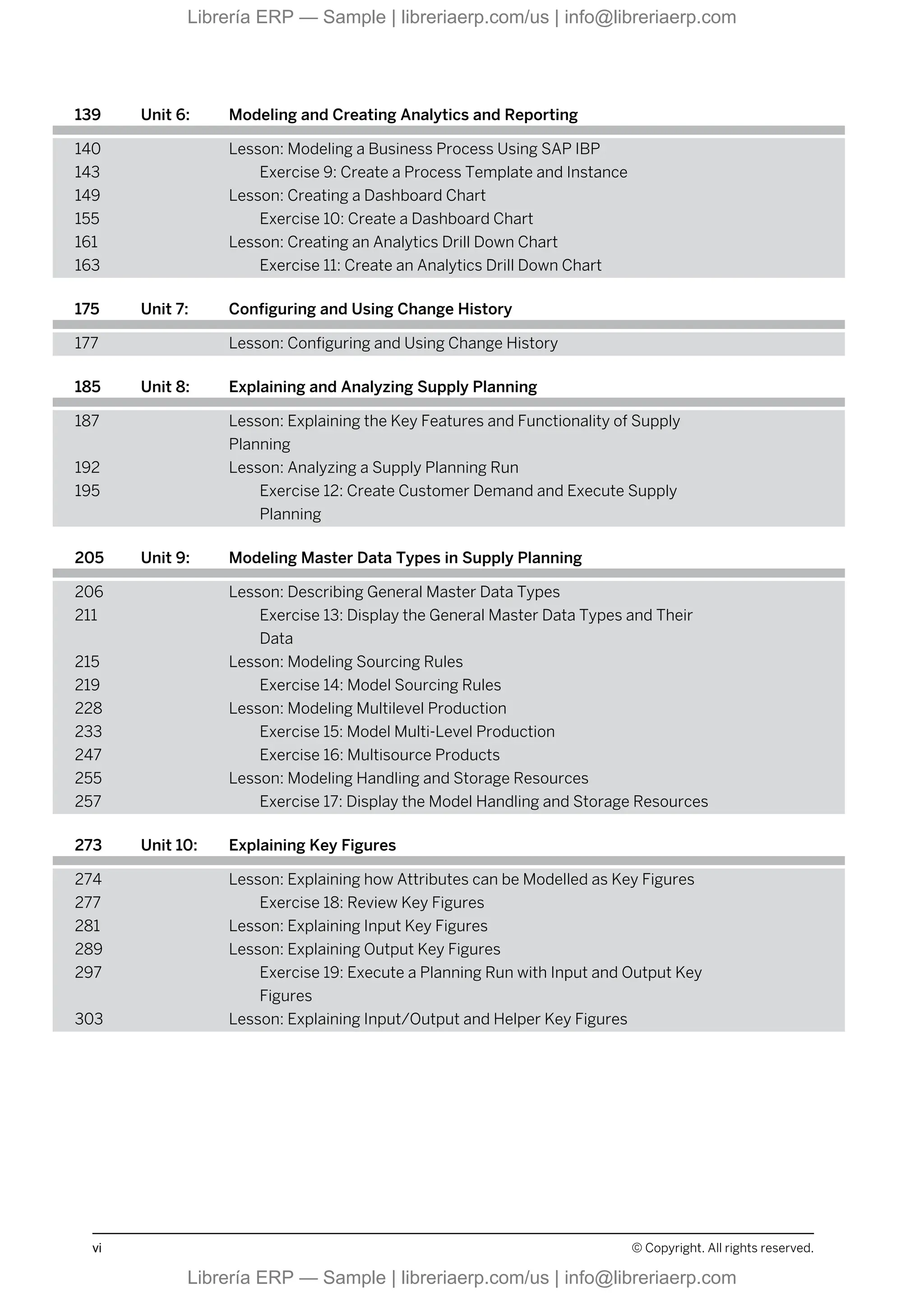 139 Unit 6: Modeling and Creating Analytics and Reporting
140 Lesson: Modeling a Business Process Using SAP IBP
143 Exercise 9: Create a Process Template and Instance
149 Lesson: Creating a Dashboard Chart
155 Exercise 10: Create a Dashboard Chart
161 Lesson: Creating an Analytics Drill Down Chart
163 Exercise 11: Create an Analytics Drill Down Chart
175 Unit 7: Configuring and Using Change History
177 Lesson: Configuring and Using Change History
185 Unit 8: Explaining and Analyzing Supply Planning
187 Lesson: Explaining the Key Features and Functionality of Supply
Planning
192 Lesson: Analyzing a Supply Planning Run
195 Exercise 12: Create Customer Demand and Execute Supply
Planning
205 Unit 9: Modeling Master Data Types in Supply Planning
206 Lesson: Describing General Master Data Types
211 Exercise 13: Display the General Master Data Types and Their
Data
215 Lesson: Modeling Sourcing Rules
219 Exercise 14: Model Sourcing Rules
228 Lesson: Modeling Multilevel Production
233 Exercise 15: Model Multi-Level Production
247 Exercise 16: Multisource Products
255 Lesson: Modeling Handling and Storage Resources
257 Exercise 17: Display the Model Handling and Storage Resources
273 Unit 10: Explaining Key Figures
274 Lesson: Explaining how Attributes can be Modelled as Key Figures
277 Exercise 18: Review Key Figures
281 Lesson: Explaining Input Key Figures
289 Lesson: Explaining Output Key Figures
297 Exercise 19: Execute a Planning Run with Input and Output Key
Figures
303 Lesson: Explaining Input/Output and Helper Key Figures
vi © Copyright. All rights reserved.
Librería ERP — Sample | libreriaerp.com/us | info@libreriaerp.com
Librería ERP — Sample | libreriaerp.com/us | info@libreriaerp.com
 