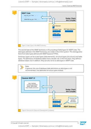 Figure 3: Data Types in the ABAP Dictionary
The second task of the ABAP dictionary is the providing of data types for ABAP code. The
data types defined in the ABAP Dictionary are visible in the entire system. This distinguishes
them from data types defined with ABAP keyword TYPES.
Dictionary types can be scalar types (data elements), structure types (structures) and table
types. The definitions of database tables have a double role: In the first place, they define a
database object, but in addition, they can also serve as data types in ABAP code.
Note:
In general, the use of database table definitions as data types is not
recommended. Use dedicated structure types instead.
Figure 4: Services for Classical UI Development (outdated)
Lesson: Exploring ABAP Dictionary
© Copyright. All rights reserved. 5
Librería ERP — Sample | libreriaerp.com/us | info@libreriaerp.com
Librería ERP — Sample | libreriaerp.com/us | info@libreriaerp.com
 