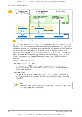 Figure 8: Defining Views in ABAP
For a long time, ABAP developers defined views in the ABAP dictionary, in the same way they
define database tables. These dictionary views were very limited in terms of SQL logic. They
only supported inner joins, a field selection (projection) and simple filter conditions. Note, that
the definition of dictionary views is not supported in cloud based ABAP environments.
One of the reasons why SAP introduced Core Data Services in ABAP was the demand for the
execution of logic on the database. As you will learn later in this training, ABAP CDS views
support a large variety of SQL expressions and functions to push down logic onto the
database.
There are two types of CDS views.
CDS DDIC-based views (obsolete)
This obsolete type of CDS views uses a generated dictionary view as technical
representation for the database object. CDS DDIC-based views are defined with the
DEFINE VIEW statement.
CDS View Entities
This new generation of CDS views is defined with the DEFINE VIEW ENTITY statement.
CDS view entities define the database object directly, without generating a dictionary
object, first.
Note:
In this training, we will only cover CDS view entities. For the older view types, refer
to the ABAP keyword documentation.
Unit 1: Exploring Data Modeling in ABAP
10 © Copyright. All rights reserved.
Librería ERP — Sample | libreriaerp.com/us | info@libreriaerp.com
Librería ERP — Sample | libreriaerp.com/us | info@libreriaerp.com
 