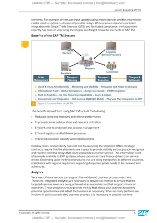 elements. For example, drivers can input updates using mobile devices and this information
can be used to update customers of possible delays. While previous iterations included
integration with Global Trade Services (GTS) and facilitated compliance, the focus more
recently has been on improving the shipper and freight forwarder elements of SAP TM.
Benefits of the SAP TM System
Figure 3: Functional Areas of SAP TM
The benefits derived from using SAP TM include the following:
● Reduced costs and improved operational performance
● Improved carrier collaboration and resource utilization
● Efficient, end-to-end order and process management
● Efficient logistics and fulfillment processes
● Improved execution visibility and responsiveness
In many cases, responsibility does not end by executing the shipment. Often, strategic
contracts require that the shipments are traced, to provide visibility so that you can recognize
and react to potential delays that could jeopardize customer service. This information is not
often made available to ERP systems, whose concern is more finance-driven than service-
driven. Depending upon the type of products that are being transported to different countries,
compliance with regional regulations regarding dangerous goods needs to be reviewed and
adhered to.
Analytics
Very few software vendors can support the end-to-end business process seen here.
Therefore, integrated analytics are necessary to provide key metrics to ensure that the
targeted services levels are being achieved at a reasonable cost that supports financial
objectives. These analytics should provide the key that allows your business to identify
potential opportunities and adjust the business as necessary. When so many partners are
involved in such a complicated business process, it is necessary to provide real-time
Lesson: Evaluating SAP TM
© Copyright. All rights reserved. 5
Librería ERP — Sample | libreriaerp.com/us | info@libreriaerp.com
Librería ERP — Sample | libreriaerp.com/us | info@libreriaerp.com
 