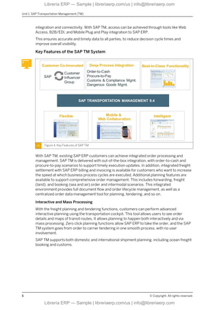 integration and connectivity. With SAP TM, access can be achieved through tools like Web
Access, B2B/EDI, and Mobile Plug and Play integration to SAP ERP.
This ensures accurate and timely data to all parties, to reduce decision cycle times and
improve overall visibility.
Key Features of the SAP TM System
Figure 4: Key Features of SAP TM
With SAP TM, existing SAP ERP customers can achieve integrated order processing and
management. SAP TM is delivered with out-of-the-box integration, with order-to-cash and
procure-to-pay scenarios to support timely execution updates. In addition, integrated freight
settlement with SAP ERP billing and invoicing is available for customers who want to increase
the speed at which business process cycles are executed. Additional planning features are
available to support comprehensive order management. This includes forwarding, freight
(land), and booking (sea and air) order and intermodal scenarios. This integrated
environment provides full document flow and order lifecycle management, as well as a
centralized order data management tool for planning, tendering, and so on.
Interactive and Mass Processing
With the freight planning and tendering functions, customers can perform advanced
interactive planning using the transportation cockpit. This tool allows users to see order
details and maps of transit routes. It allows planning to happen both interactively and via
mass processing. Zero click planning functions allow SAP ERP to take the order, and the SAP
TM system goes from order to carrier tendering in one smooth process, with no user
involvement.
SAP TM supports both domestic and international shipment planning, including ocean freight
booking and customs.
Unit 1: SAP Transportation Management (TM)
6 © Copyright. All rights reserved.
Librería ERP — Sample | libreriaerp.com/us | info@libreriaerp.com
Librería ERP — Sample | libreriaerp.com/us | info@libreriaerp.com
 