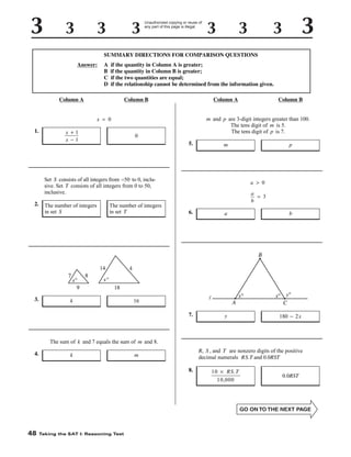 Unauthorized copying or reuse of
any part of this page is illegal.

SUMMARY DIRECTIONS FOR COMPARISON QUESTIONS
Answer:

A
B
C
D

if the quantity in Column A is greater;
if the quantity in Column B is greater;
if the two quantities are equal;
if the relationship cannot be determined from the information given.
Column B

Column A

Column A

x = 0
1.

x +1
x −1

m and p are 3-digit integers greater than 100.
The tens digit of m is 5.
The tens digit of p is 7.

0
5.

m

Set S consists of all integers from -50 to 0, inclusive. Set T consists of all integers from 0 to 50,
inclusive.
2.

The number of integers
in set S

The number of integers
in set T

k

Column B

p

a > 0
a
= 3
b

16

a

b

7.

3.

6.

y

180 - 2 x

The sum of k and 7 equals the sum of m and 8.
4.

k

R, S , and T are nonzero digits of the positive
decimal numerals RS. T and 0.0RST

m
8.

48

Taking the SAT I: Reasoning Test

10 ™ RS . T
10 ,000

0.0RST

 