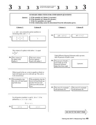 Unauthorized copying or reuse of
any part of this page is illegal.

SUMMARY DIRECTIONS FOR COMPARISON QUESTIONS
Answer:

A
B
C
D

if the quantity in Column A is greater;
if the quantity in Column B is greater;
if the two quantities are equal;
if the relationship cannot be determined from the information given.

Column A

Column B

x, y, and z are consecutive prime numbers in
increasing order, and x = 2.
9.

1
1
1
+
+
x
y
z

Column A

13.

0

ab − c + f

5

a b − c + f

1

The volume of a sphere with radius r is equal
4 3
to pr .
3
10.

Column B

The total volume
of two spheres,
each with radius 3

The volume of
a sphere with
radius 6

Eight different chemical elements make up more
than 99 percent of Earth’s crust.
14.

The percent of Earth’s
crust made up of all
chemical elements
other than those eight

1 percent

The area of a rectangle
with perimeter 40

The area of a rectangle
with perimeter 60

When tossed in the air, a coin is equally as likely to
land with heads up as it is with tails up. The coin is
to be tossed twice.
11.

The probability that
the coin will land heads
up both times

The probability that the
coin will land heads up
on the first toss and
tails up on the second
toss

15.

For all positive numbers n and k, let n ð k be
defined by n ð k = n − k k .

0

5

0 < r < s
12.

rð s

s ð r

Taking the SAT I: Reasoning Test

49

 