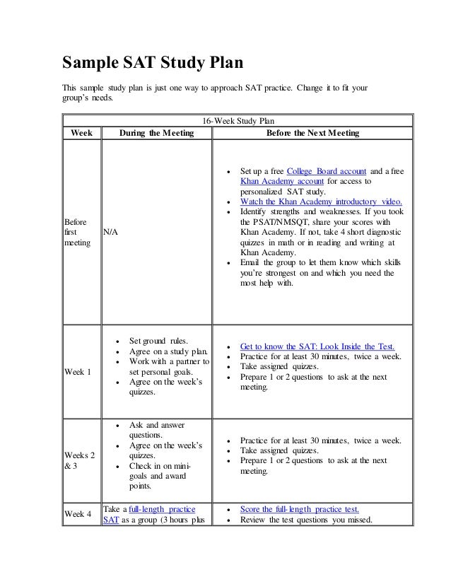 Sample sat study plan Sample sat study plan