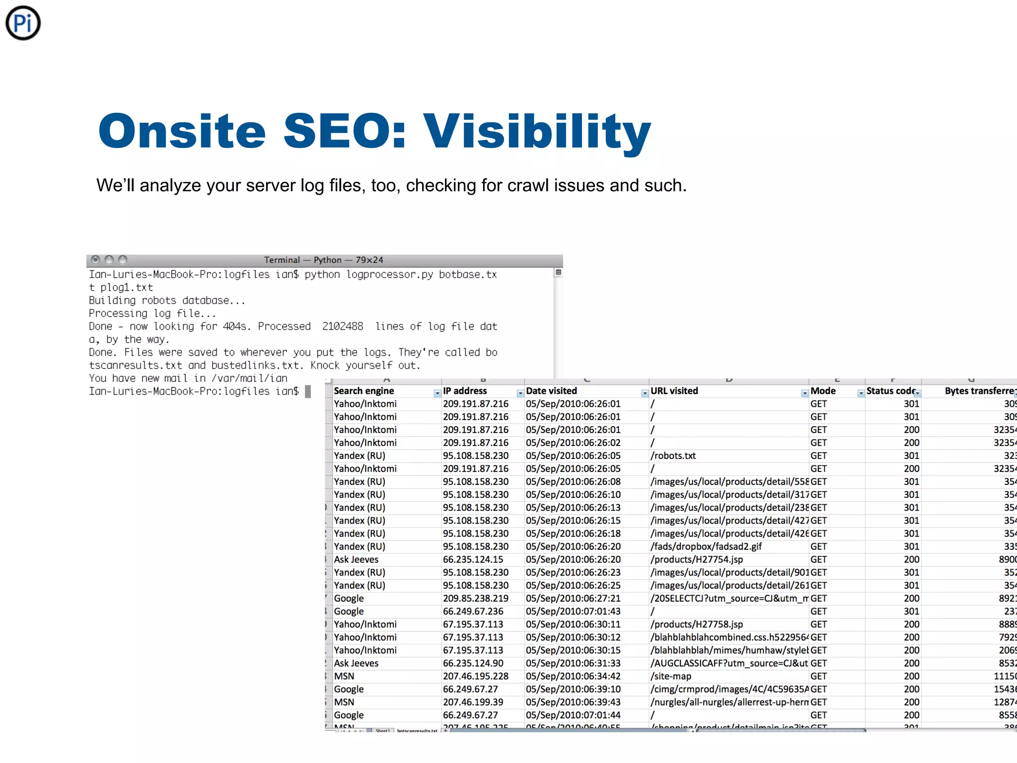 Onsite SEO: Visibility
We’ll analyze your server log files, too, checking for crawl issues and such.
 