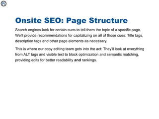 Onsite SEO: Page Structure
Search engines look for certain cues to tell them the topic of a specific page.
We’ll provide recommendations for capitalizing on all of those cues: Title tags,
description tags and other page elements as necessary.

This is where our copy editing team gets into the act: They’ll look at everything
from ALT tags and visible text to block optimization and semantic matching,
providing edits for better readability and rankings.
 