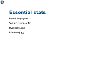 Essential stats
Portent employees: 27

Years in business: 17

Investors: None

BBB rating: A+
 