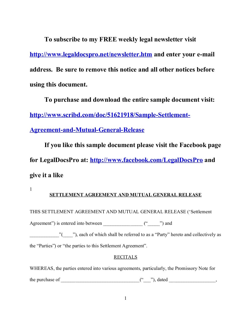 Sample California settlement agreement and mutual general release