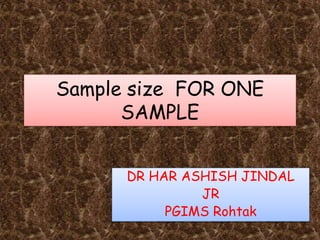 Sample size FOR ONE
SAMPLE
DR HAR ASHISH JINDAL
JR
PGIMS Rohtak
 