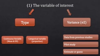 Type
Continuous Variable
(Mean & SD)
Categorical variable
(proportion)
Variance (σ2)
Data from previous studies
Pilot study
Estimate or guess
 