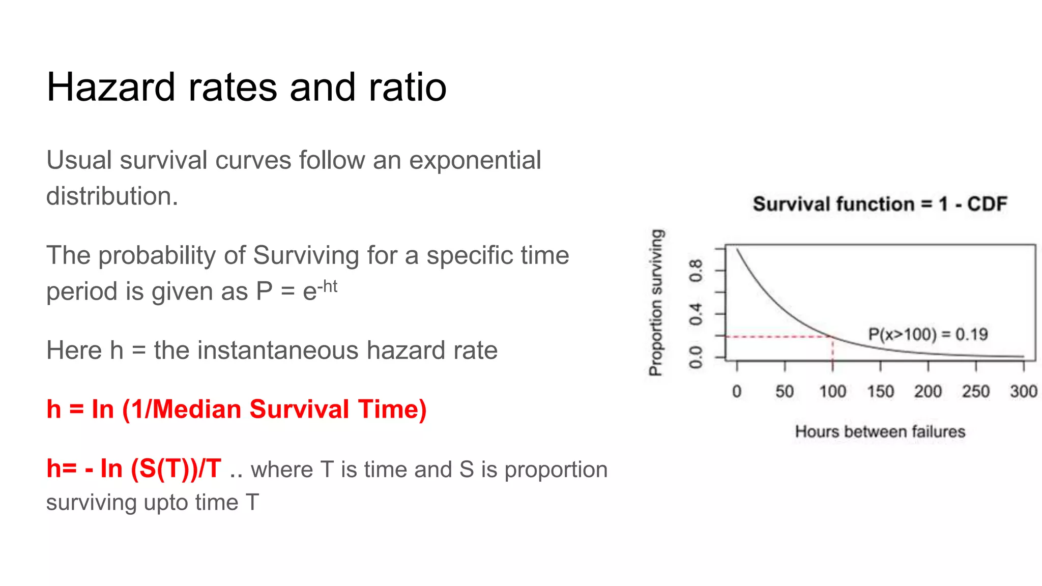 Hazard rates and ratio
Usual survival curves follow an exponential
distribution.
The probability of Surviving for a specific time
period is given as P = e-ht
Here h = the instantaneous hazard rate
h = ln (1/Median Survival Time)
h= - ln (S(T))/T .. where T is time and S is proportion
surviving upto time T
 