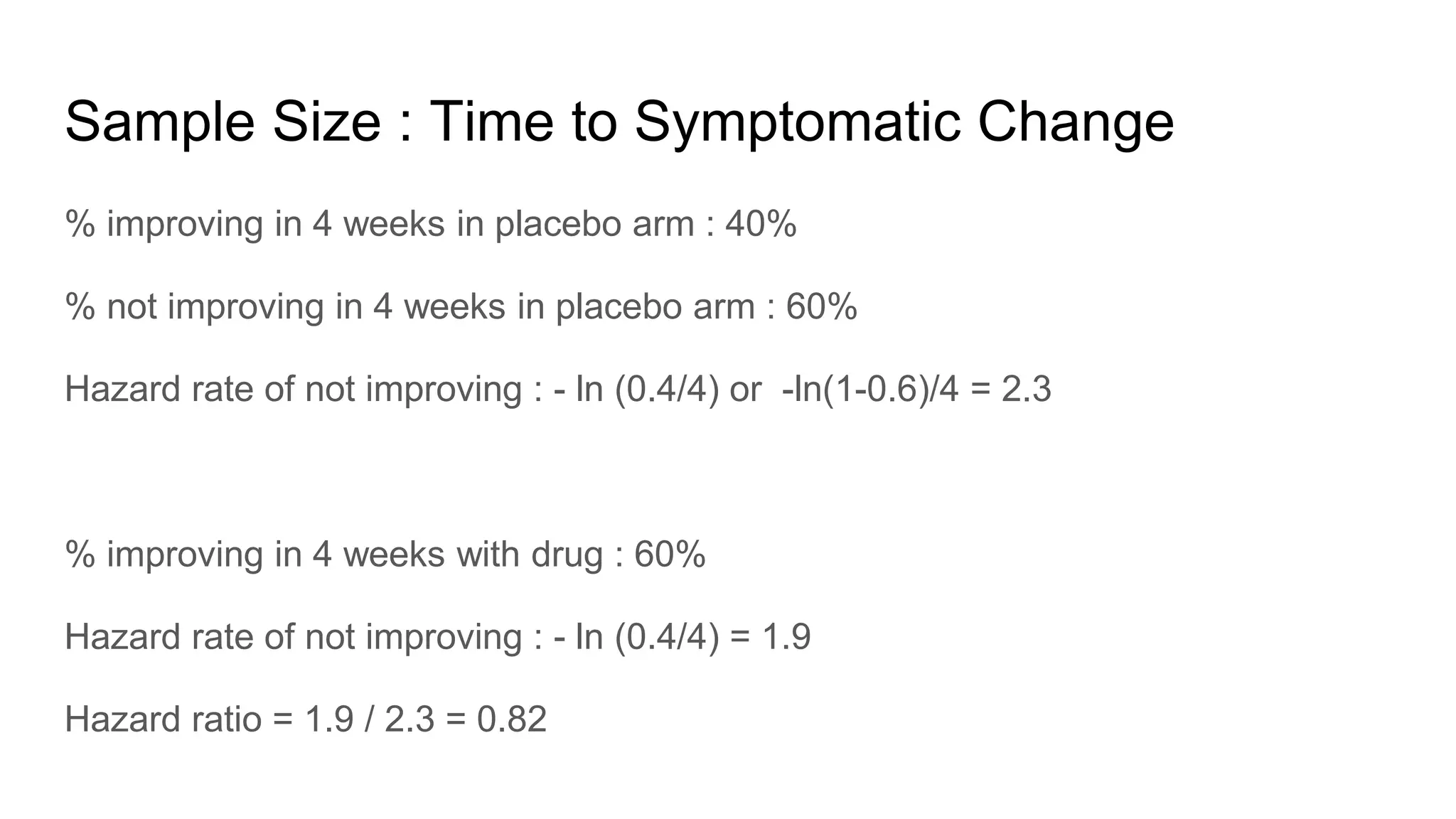 Sample Size : Time to Symptomatic Change
% improving in 4 weeks in placebo arm : 40%
% not improving in 4 weeks in placebo arm : 60%
Hazard rate of not improving : - ln (0.4/4) or -ln(1-0.6)/4 = 2.3
% improving in 4 weeks with drug : 60%
Hazard rate of not improving : - ln (0.4/4) = 1.9
Hazard ratio = 1.9 / 2.3 = 0.82
 