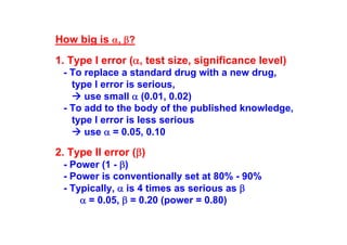How big is α, β?
1. Type I error (α, test size, significance level)
- To replace a standard drug with a new drug,
type I error is serious,
use small α (0.01, 0.02)
- To add to the body of the published knowledge,
type I error is less serious
use α = 0.05, 0.10

2. Type II error (β)

- Power (1 - β)
- Power is conventionally set at 80% - 90%
- Typically, α is 4 times as serious as β
α = 0.05, β = 0.20 (power = 0.80)

 