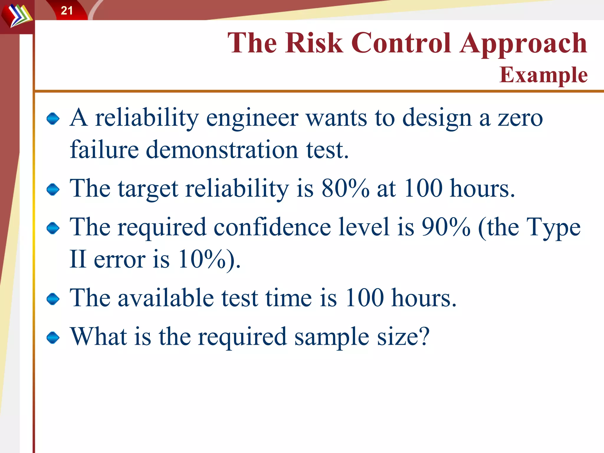 21


               The Risk Control Approach
                                       Example
 A reliability engineer wants to design a zero
 failure demonstration test.
 The target reliability is 80% at 100 hours.
 The required confidence level is 90% (the Type
 II error is 10%).
 The available test time is 100 hours.
 What is the required sample size?
 