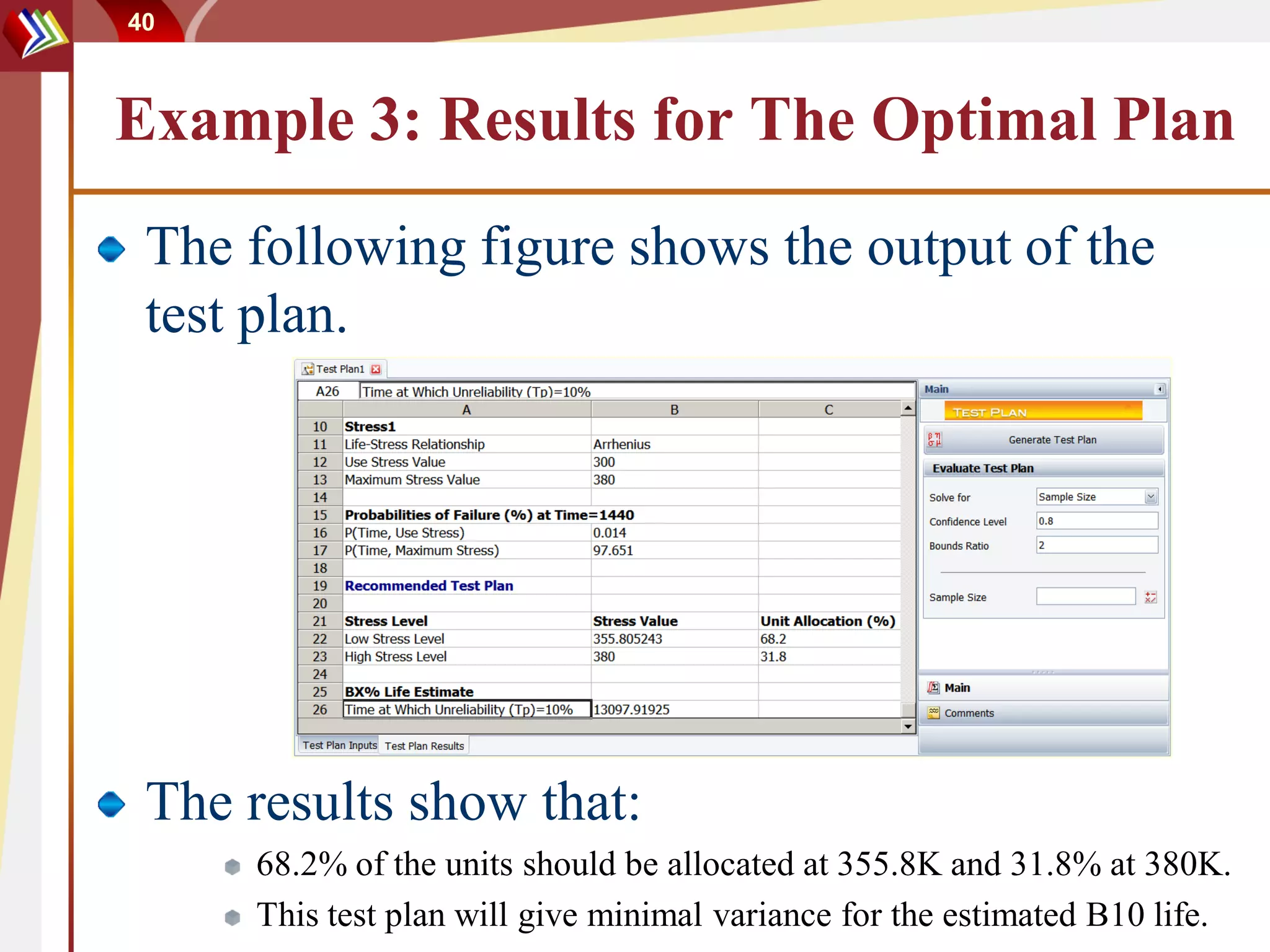 40



Example 3: Results for The Optimal Plan
 The following figure shows the output of the
 test plan.




 The results show that:
     68.2% of the units should be allocated at 355.8K and 31.8% at 380K.
     This test plan will give minimal variance for the estimated B10 life.
 