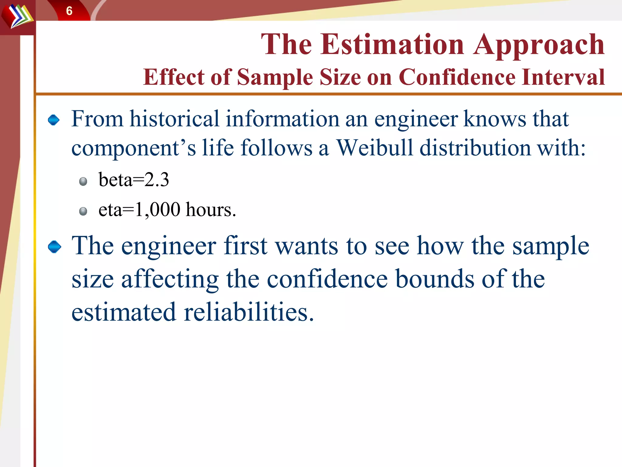 6


                       The Estimation Approach
         Effect of Sample Size on Confidence Interval
From historical information an engineer knows that
component’s life follows a Weibull distribution with:
    beta=2.3
    eta=1,000 hours.
The engineer first wants to see how the sample
size affecting the confidence bounds of the
estimated reliabilities.
 