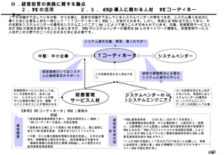 Page30
Ⅲ ．経営助言の実践に関する論点
　　２． IT の活用 ２．３． ERP 導入に関わる人材　 IT コーディネー
ターＩＴの知識が不足している中堅・中小企業と、経営の知識が不足しているシステムベンダーの間をつなぎ、システム導入を成功に
導くために必要な人材の一例として「ＩＴコーディネータ（ ITC ）」が挙げられます。しかし、現実には ITC は不足しており、そ
の役割をシステムベンダーの優秀なシステムエンジニア（ SE ）によって補うことが求められています。勿論、財務管理サービス人
材が ITC の資格を保有することもありますが、 ITC やシステムベンダーの優秀な SE とのネットワーク構築も、財務管理サービス
人材がこの分野でのニーズに応えるためには必要です。
ＩＴコーディネータ
経営の課題解決に必要な
システム化要件のやりと
り
中堅・中小企業 システムベンダー
経営戦略ひいてはシステ
ム化戦略策定のサポート
システム要件定義・開発・導入のサポー
ト
資
格
概
要
経済産業省推進資格であり、特定非営利法人（ NPO ）
「 IT コーディネータ協会」の認定資格
経営者の立場に立って経営と IT を橋渡しし、真に経営に
役立つ IT 投資を推進・支援するプロフェッショナル
中堅・中小企業の戦略的情報化投資を促進し、日本の企業
再生・国際競争力復活を目指し、経済産業省が支援する
「戦略的情報化投資活性化事業 (ITSSP) 」より提言された
経済産業省推進資格
【参考】 IT コーディネータ（ ITC ）資格の
詳細
＊出典：経済産業新報 HP を参考に作成
この役割を担える人材は少な
い
財務管理
サービス人材
資
格
保
有
者
の
現
状
ITC 資格保有者：　 3,830 名（ 2003 年 7 月末現在）
　※各種情報技術処理者、中小企業診断士、公認会計士、税理
士、公認情報システム監査人 (CISA) 等の資格保有者が短期間で
ITC になれる「 ITC プロフェッショナル特別認定制度」により
、 2,215 名が ITC になっている（情報系資格保有者の ITC と経
営系資格保有者の ITC が半々）
1 人の ITC が経営とＩＴ双方のプロであることは難しく、現実
には経営系（税理士等） ITC と情報系 ( プロジェクトマネー
ジャ ) ITC が組む例が多い
システムベンダーの SE
（システムエンジニア）
ITC の役割を担える人材が
少ないため、現実的にはシ
ステムベンダーの優秀な
SE （システムエンジニ
ア）がこの役割として必要
財務管理サービス人材としては、
ITC の役割を担う、あるいは
ITC 、システムベンダーと中堅・
中小企業側の間に立ち、調整・ア
ドバイスを行うことが期待される
 