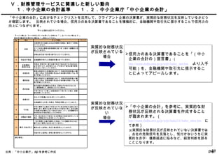 Page49
Ⅴ ．財務管理サービスに関連した新しい動向
　１．中小企業の会計基準　 １．２．中小企業庁「中小企業の会計」
「中小企業の会計」におけるチェックリストを活用して、クライアント企業の決算書が、実質的な財務状況を反映しているかどう
か確認します。　反映されている場合、信用力のある決算書であることを積極的に、金融機関や取引先に提示することで信用力の
向上につながります。
該当する勘定科目等がない場合は「－」を記入して下さい。
No. 項目 チェック項目 チェック
決算書作成の基礎となる会計帳簿の記帳は、整然かつ明瞭に
行っていますか。
すべての取引事実を証拠書類に基づき、正確かつ網羅的に記
録していますか。
記帳は取引後できる限り速やかに行っていますか。
2 現金及び預金 金融機関が発行した残高証明書と合っていますか。
3
金銭債権と
貸倒引当金
売掛金・受取手形・貸付金等で取立不能のおそれがあるもの
はありませんか。ある場合には、その取立不能見込額を貸倒
引当金として計上していますか。
4 有価証券
原価法を採用した有価証券において、時価が取得原価より著
しく低いときは、将来回復の見込みがある場合を除いては、時
価で評価していますか。
5 棚卸資産
原価法を採用した棚卸資産において、時価が取得原価より著
しく低いときは、将来回復の見込みがある場合を除いては、時
価で評価していますか。
「中小企業の会計チェックリスト」
×「チェック」欄には、チェック項目に従って処理している場合は「○ 」、従っていない場合は「 」、
1 記帳
固定資産の減価償却は定率法、定額法その他の方法に従
い、毎期継続して、規則的に行っていますか。
予測できなかった著しい資産価値の下落があった場合、減損
額を控除していますか。
支払うべき負債はもれなく計上していますか。
金融機関からの借入残高は、残高証明書と合っていますか。
8 引当金
将来の費用又は損失が特定されその発生原因が当期以前の
事象にあり、費用又は損失の発生の可能性が高く、設定金額
の見積りを合理的に行いうるものであり、かつ、法的債務性の
あるものは引当金を計上していますか。
9 退職給付債務
将来、追加拠出の可能性がある退職給付制度を採用している
場合、退職給付引当金を計上していますか。
一定の期間に企業が獲得した収益と、それを獲得するために
費やされた費用とを対応させていますか。
費用の計上基準は、発生主義を原則としていますか。
収益の計上基準は、実現主義を原則としていますか。
［補足事項］
6 固定資産
7
10 費用・収益の計上
負債項目
実質的な財務状況
が反映されている
場合
実質的な財務状況
が反映されていな
い
場合
信用力のある決算書であることを「（中小
企業の会計の）宣言書」（
http://www.chusho.meti.go.jp/zeisei/kaikei_tool.htm　より入手
可能）を、金融機関や取引先に提示するこ
とによってアピールします。
信用力のある決算書であることを「（中小
企業の会計の）宣言書」（
http://www.chusho.meti.go.jp/zeisei/kaikei_tool.htm　より入手
可能）を、金融機関や取引先に提示するこ
とによってアピールします。
「中小企業の会計」を参考に、実質的な財
務状況が反映される決算書を作成すること
が臨まれます。（
http://www.chusho.meti.go.jp/zeisei/kaikei38/kaikei_index.htm　に
て参照）
　※実質的な財務状況が反映されていない決算書では
、会社の危険信号を見落とし、気付かないうちに実
質的な赤字・債務超過に陥るなど、経営判断を誤る
ことになります。
「中小企業の会計」を参考に、実質的な財
務状況が反映される決算書を作成すること
が臨まれます。（
http://www.chusho.meti.go.jp/zeisei/kaikei38/kaikei_index.htm　に
て参照）
　※実質的な財務状況が反映されていない決算書では
、会社の危険信号を見落とし、気付かないうちに実
質的な赤字・債務超過に陥るなど、経営判断を誤る
ことになります。
出典：「中小企業庁」 HP を参考に作成
 