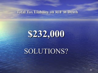 4040
Total Tax Liability on RIF at DeathTotal Tax Liability on RIF at Death
$232,000$232,000
SOLUTIONS?SOLUTIONS?
 