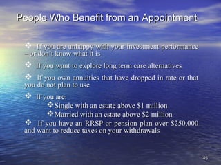 4545
People Who Benefit from an AppointmentPeople Who Benefit from an Appointment
 If you are unhappy with your investment performanceIf you are unhappy with your investment performance
– or don’t know what it is– or don’t know what it is
 If you want to explore long term care alternativesIf you want to explore long term care alternatives
 If you own annuities that have dropped in rate or thatIf you own annuities that have dropped in rate or that
you do not plan to useyou do not plan to use
 If you are:If you are:
Single with an estate above $1 millionSingle with an estate above $1 million
Married with an estate above $2 millionMarried with an estate above $2 million
 If you have an RRSP or pension plan over $250,000If you have an RRSP or pension plan over $250,000
and want to reduce taxes on your withdrawalsand want to reduce taxes on your withdrawals
 