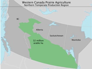 Western Canada Prairie Agriculture
      Northern Temperate Production Region




BC




               Alberta


                          Saskatchewan

             32 million                      Manitoba
             arable ha
 