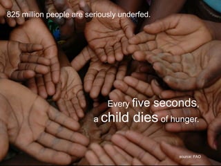 825 million people are seriously underfed.




                              Every five     seconds,
                         a   child dies of hunger.

                                                 source: FAO
 