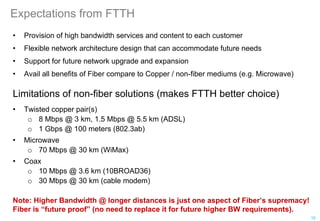 Expectations from FTTH
• Provision of high bandwidth services and content to each customer
• Flexible network architecture design that can accommodate future needs
• Support for future network upgrade and expansion
• Avail all benefits of Fiber compare to Copper / non-fiber mediums (e.g. Microwave)
Limitations of non-fiber solutions (makes FTTH better choice)
• Twisted copper pair(s)
o 8 Mbps @ 3 km, 1.5 Mbps @ 5.5 km (ADSL)
o 1 Gbps @ 100 meters (802.3ab)
• Microwave
o 70 Mbps @ 30 km (WiMax)
• Coax
o 10 Mbps @ 3.6 km (10BROAD36)
o 30 Mbps @ 30 km (cable modem)
Note: Higher Bandwidth @ longer distances is just one aspect of Fiber’s supremacy!
Fiber is “future proof” (no need to replace it for future higher BW requirements).
10
 
