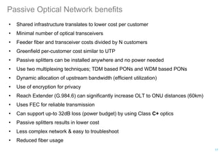 Passive Optical Network benefits
• Shared infrastructure translates to lower cost per customer
• Minimal number of optical transceivers
• Feeder fiber and transceiver costs divided by N customers
• Greenfield per-customer cost similar to UTP
• Passive splitters can be installed anywhere and no power needed
• Use two multiplexing techniques; TDM based PONs and WDM based PONs
• Dynamic allocation of upstream bandwidth (efficient utilization)
• Use of encryption for privacy
• Reach Extender (G.984.6) can significantly increase OLT to ONU distances (60km)
• Uses FEC for reliable transmission
• Can support up-to 32dB loss (power budget) by using Class C+ optics
• Passive splitters results in lower cost
• Less complex network & easy to troubleshoot
• Reduced fiber usage
17
 