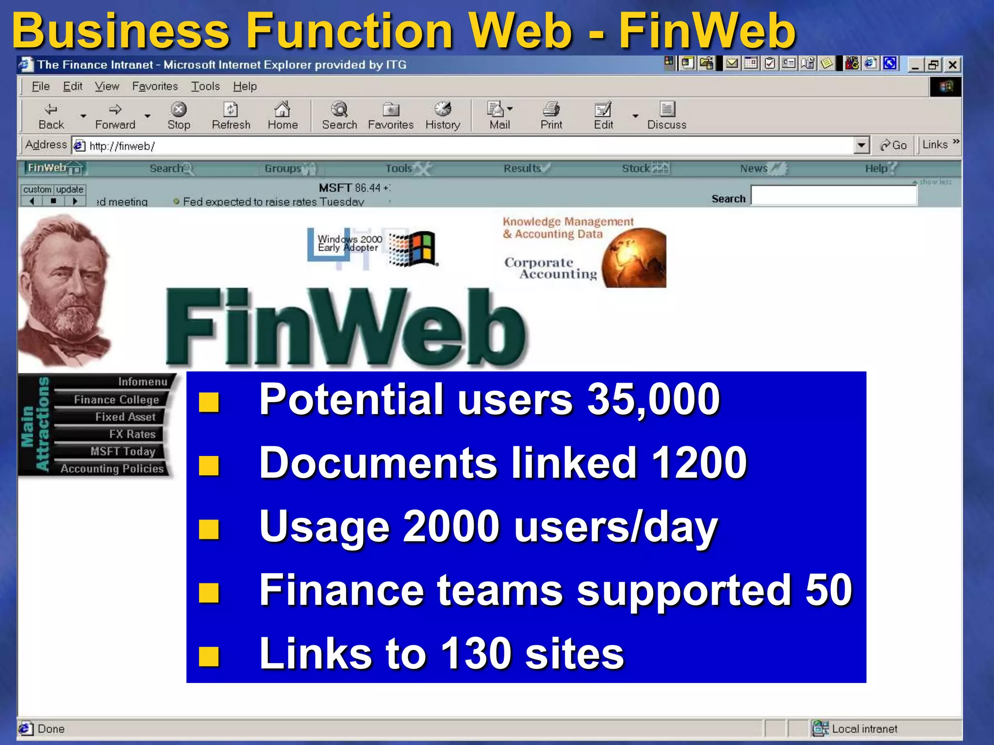Business Function Web - FinWeb
 Potential users 35,000
 Documents linked 1200
 Usage 2000 users/day
 Finance teams supported 50
 Links to 130 sites
 