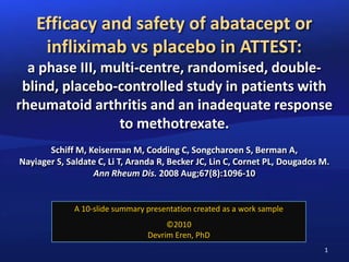 1 Efficacy and safety of abatacept or infliximab vs placebo in ATTEST: a phase III, multi-centre, randomised, double-blind, placebo-controlled study in patients with rheumatoid arthritis and an inadequate response to methotrexate.  Schiff M, Keiserman M, Codding C, Songcharoen S, Berman A, Nayiager S, Saldate C, Li T, Aranda R, Becker JC, Lin C, Cornet PL, Dougados M. Ann Rheum Dis. 2008 Aug;67(8):1096-10 A 10-slide summary presentation created as a work sample ©2010 Devrim Eren, PhD 