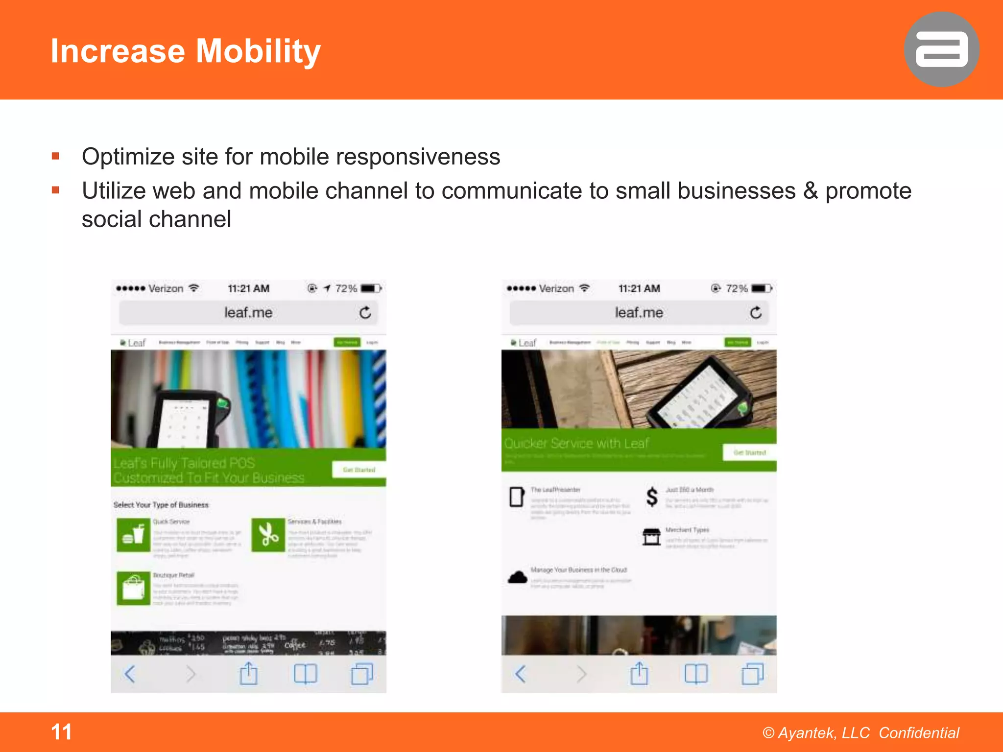 Increase Mobility
 Optimize site for mobile responsiveness
 Utilize web and mobile channel to communicate to small businesses & promote
social channel

11

© Ayantek, LLC Confidential

 