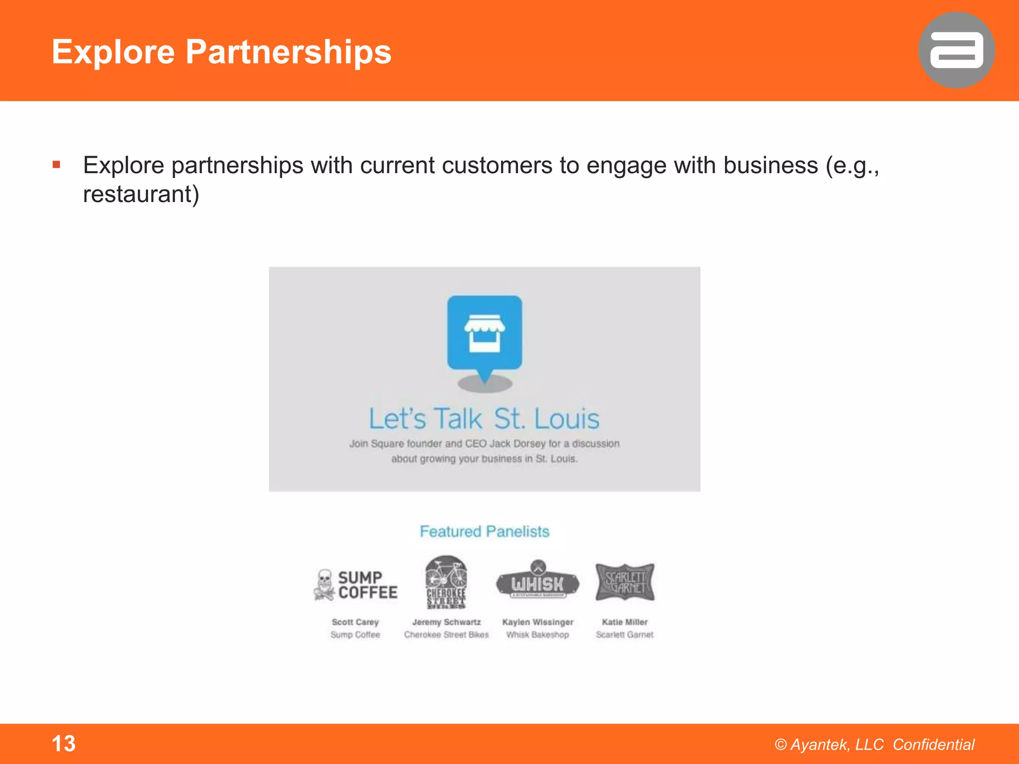 Explore Partnerships
 Explore partnerships with current customers to engage with business (e.g.,
restaurant)

13

© Ayantek, LLC Confidential

 