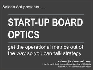 GET OPERATIONALMETRICS
START-UP BOARD
OUT OF THE WAY SO YOU CAN
TALK STRATEGY
BY EXAMPLE
OPTICS
 